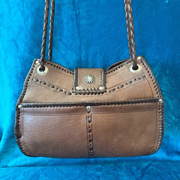 Southwestern Handmade Leather Shoulder Bag by Four Winds West - Conchos Pockets - Picture 4 of 12